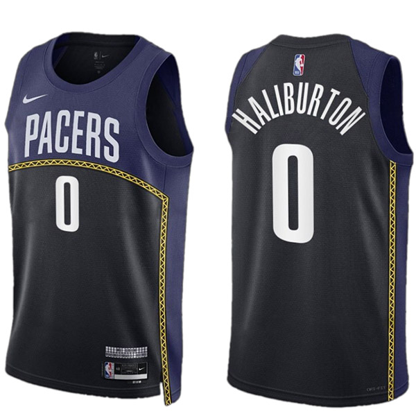 Indiana Pacers Tyrese Haliburton maglia da uomo 0 navy uniforme da basket swingman camicia nera in edizione limitata 2023