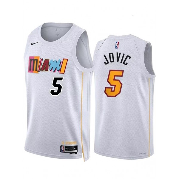 Miami Heat 5 Nikola Jovic maglia da uomo city basket uniforme bianca swingman maglia in edizione limitata 2023