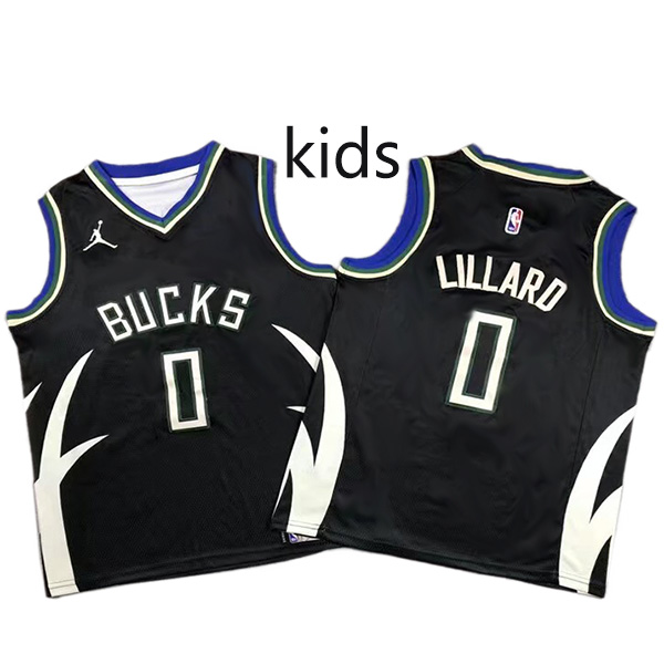 Milwaukee Bucks Damian Lillard 0 kids city edition swingman jersey youth black uniform children basketball limited vest