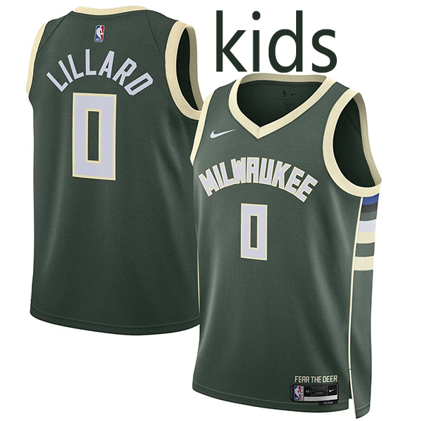Milwaukee Bucks Damian Lillard 0 kids city edition swingman jersey youth uniform children green basketball limited vest