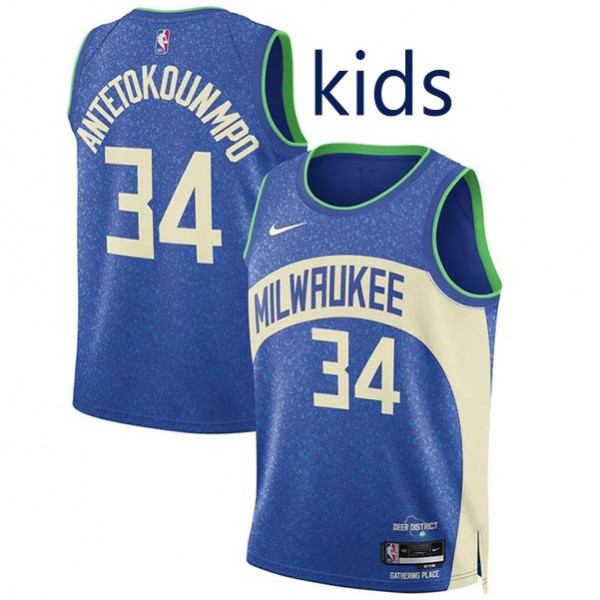 Milwaukee Bucks Giannis Antetokounmpo 34 kids city edition swingman jersey youth blue gray uniform children basketball limited vest