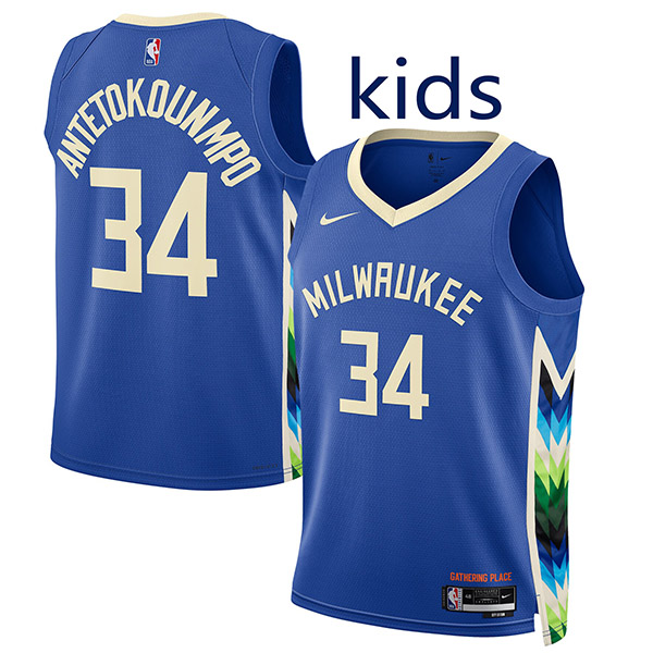 Milwaukee Bucks Giannis Antetokounmpo 34 kids city edition swingman jersey youth blue uniform children basketball limited vest