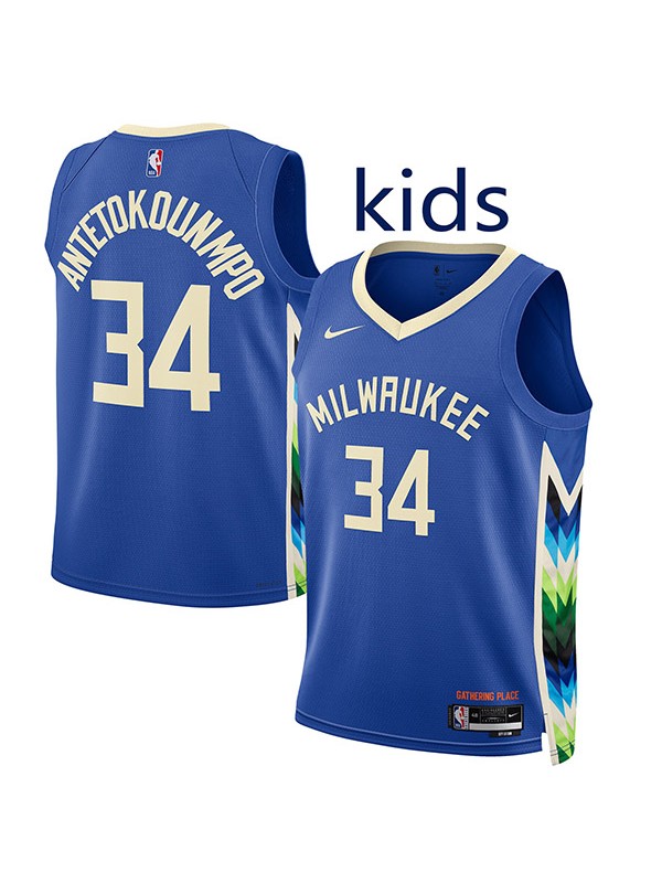Milwaukee Bucks Giannis Antetokounmpo 34 kids city edition swingman jersey youth blue uniform children basketball limited vest