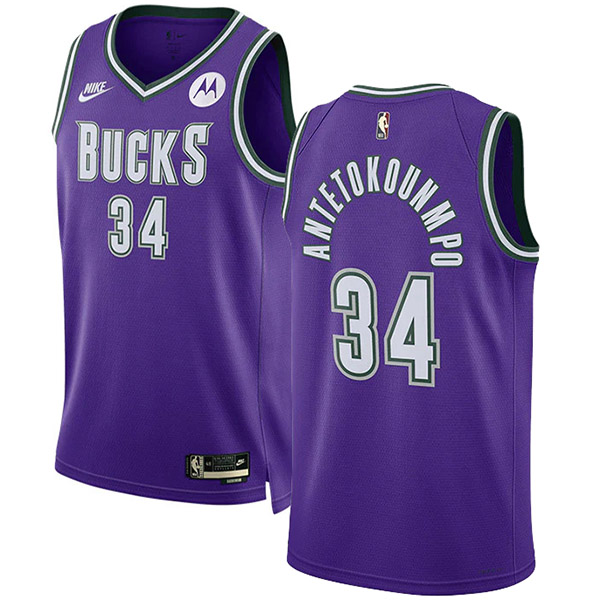 Milwaukee Bucks Giannis Antetokounmpo maglia da uomo unisex swingman 34 uniforme città edizione camicia viola 2023