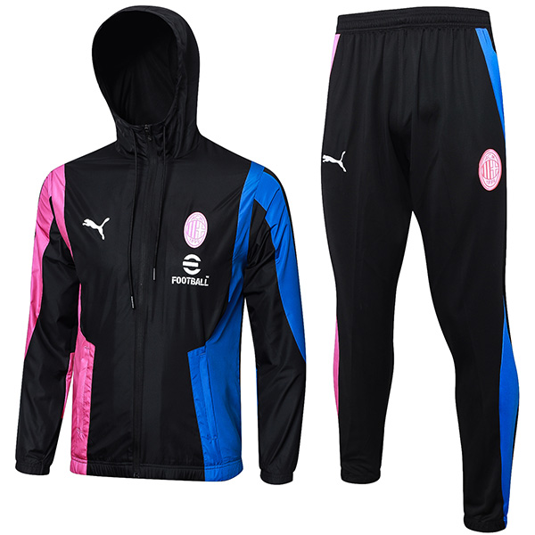 AC milan windbreaker hoodie jacket football sportswear tracksuit full zipper black blue uniform men's training kit 2024