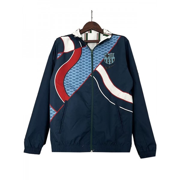 Barcelona windbreaker hoodie jacket double sides football sportswear tracksuit full zipper men's training navy white kit outdoor soccer coat 2023-2024