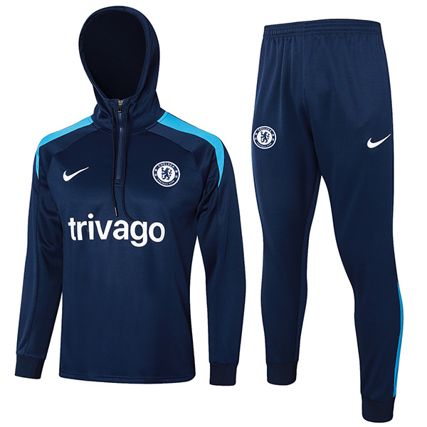 Chelsea giacca con cappuccio abbigliamento sportivo da calcio tuta con cerniera completa kit da allenamento per uomo navy uniforme da esterno cappotto da calcio 2024-2025