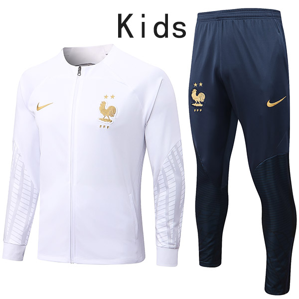 France giacca bambini kit bianco calcio abbigliamento sportivo tuta con cerniera collo uniforme da allenamento per giovani bambini all'aperto cappotto di calcio 2022-2023