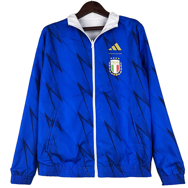 Italy windbreaker hoodie jacket double sides football sportswear tracksuit full zipper men's training white blue kit outdoor soccer coat 2023-2024
