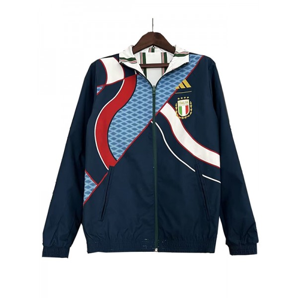 Italy windbreaker hoodie jacket double sides football sportswear tracksuit full zipper men's training white navy kit outdoor soccer coat 2023-2024