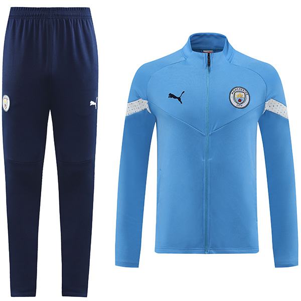 Manchester City giacca da calcio abbigliamento sportivo tuta cerniera completa uniforme da uomo kit da allenamento blu cappotto da calcio all'aperto 2022-2023