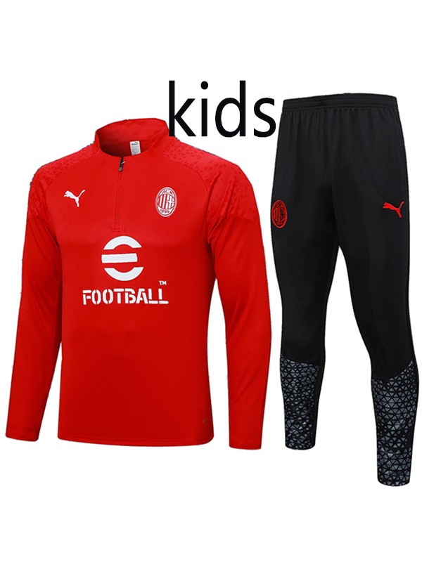 AC milan tracksuit kids kit soccer pants suit sports set half zip necked cleats youth uniform children red football mini training kit 2023-2024