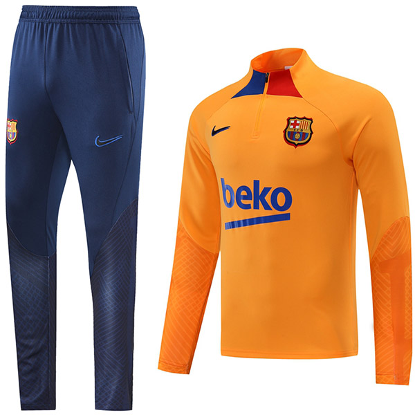 Barcelona tuta da calcio pantaloni tuta sportiva set cerniera collo uniforme abbigliamento da uomo kit allenamento calcio arancione 2022-2023