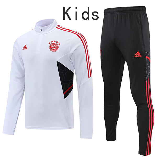 Bayern munich bianco kit per bambini pantaloni da calcio tuta sportiva set tacchetti con collo con cerniera uniforme giovanile bambini calcio mini kit di allenamento 2022-2023
