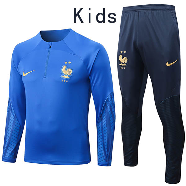 France bambini kit pantaloni da calcio tuta sportiva set tacchetti con cerniera blu uniforme giovanile bambini calcio mini kit di allenamento 2022