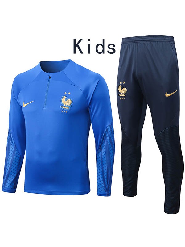 France bambini kit pantaloni da calcio tuta sportiva set tacchetti con cerniera blu uniforme giovanile bambini calcio mini kit di allenamento 2022