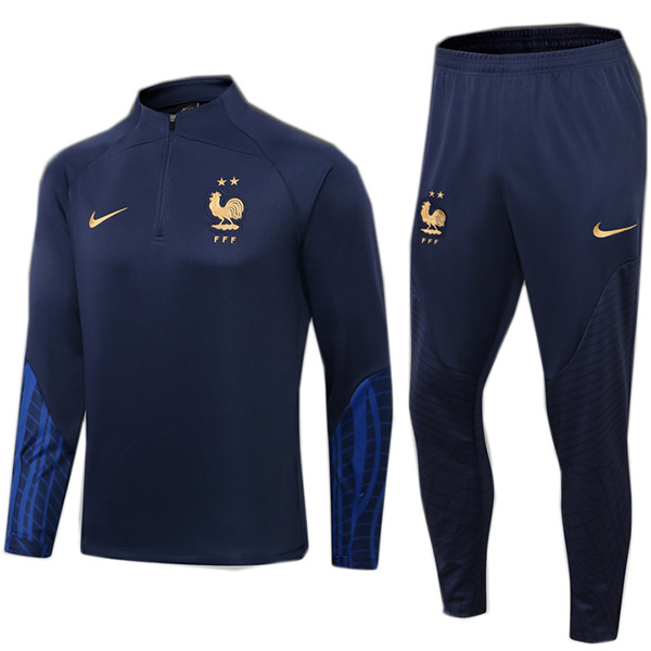 Francia tuta blu navy pantaloni di calcio tuta sportiva set con cerniera collo uniforme abbigliamento da uomo kit di allenamento di calcio 2022-2023