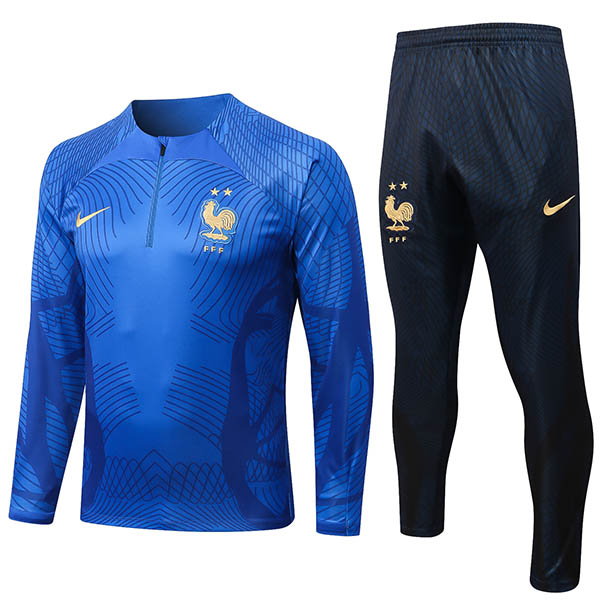Francia tuta pantaloni da calcio tuta sportiva set cerniera collo uniforme abbigliamento da uomo kit allenamento calcio blu 2022