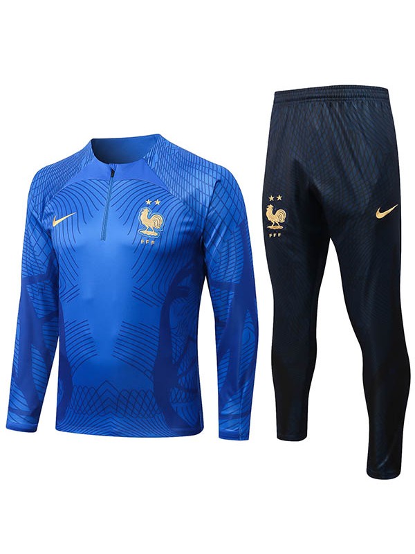 Francia tuta pantaloni da calcio tuta sportiva set cerniera collo uniforme abbigliamento da uomo kit allenamento calcio blu 2022