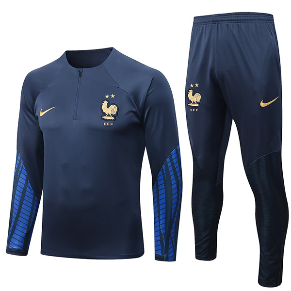 Francia tuta pantaloni da calcio tuta sportiva set cerniera collo uniforme abbigliamento da uomo kit allenamento calcio navy 2022-2023