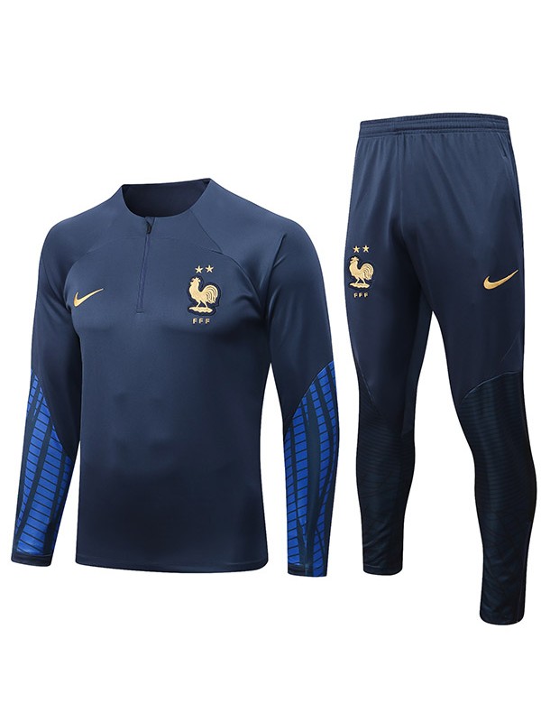 Francia tuta pantaloni da calcio tuta sportiva set cerniera collo uniforme abbigliamento da uomo kit allenamento calcio navy 2022-2023