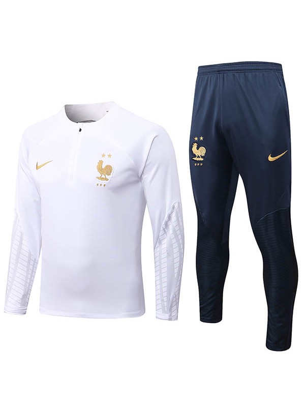 Francia tuta da calcio tuta sportiva set cerniera collo uniforme abbigliamento da uomo kit allenamento calcio bianco 2022-2023
