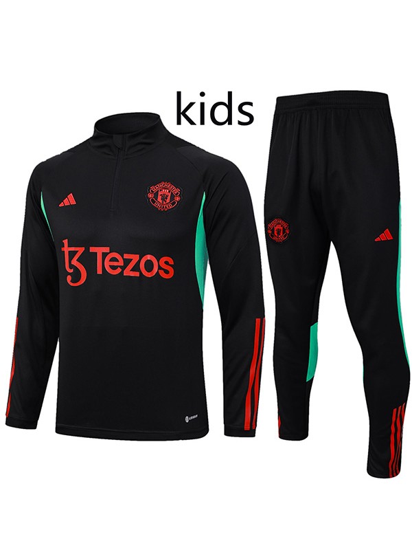 Manchester united tracksuit kids kit soccer pants suit sports set half zip necked cleats black youth uniform children football mini training kit 2023-2024