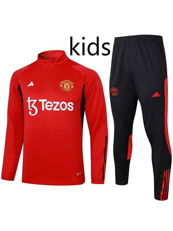 Manchester united tracksuit kids kit soccer pants suit sports set half zip necked cleats youth uniform children red football mini training kit 2024