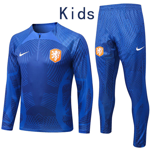 Netherlands tuta blu bambini kit pantaloni di calcio vestito di sport set cerniera tacchetti con collo uniforme giovanile bambini calcio mini kit di formazione 2022-2023