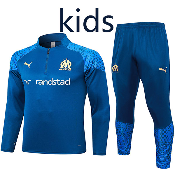 Olympique de Marseille tracksuit kids kit soccer pants suit sports set zipper necked cleats youth uniform children football mini training blue kit 2023-2024
