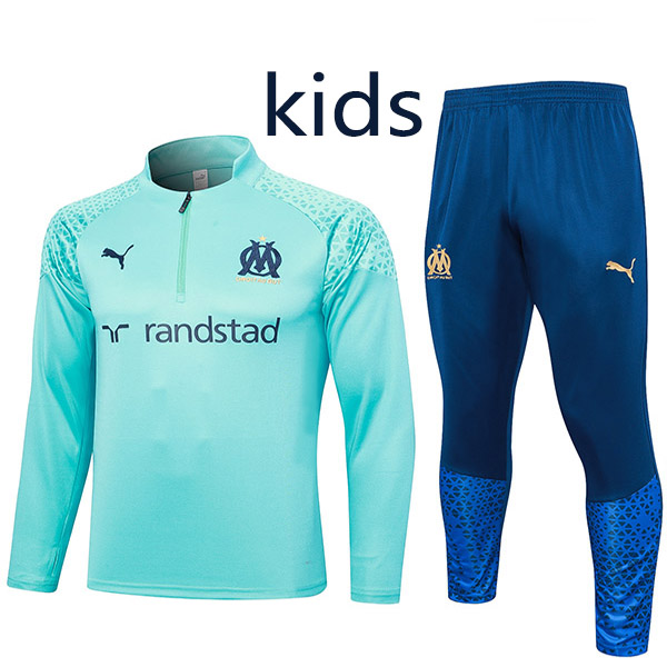 Olympique de Marseille tracksuit kids kit soccer pants suit sports set zipper necked cleats youth uniform children football mini training cyan kit 2023-2024