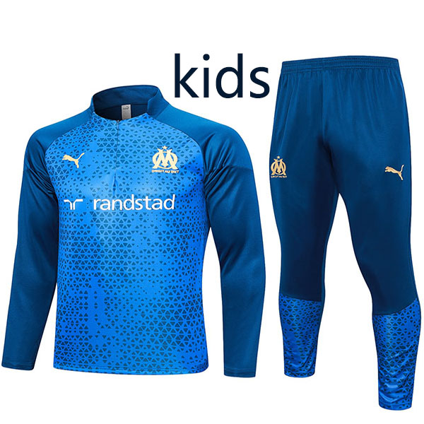 Olympique de Marseille tracksuit kids kit soccer suit sports set zipper necked cleats youth uniform children football mini training blue kit 2023-2024