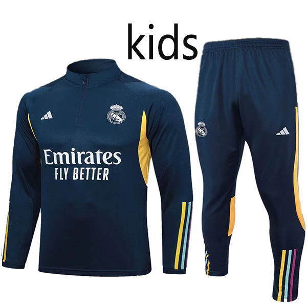 Real madrid  tracksuit kids kit soccer pants suit sports set zipper necked cleats youth uniform children navy football mini training kit 2023-2024